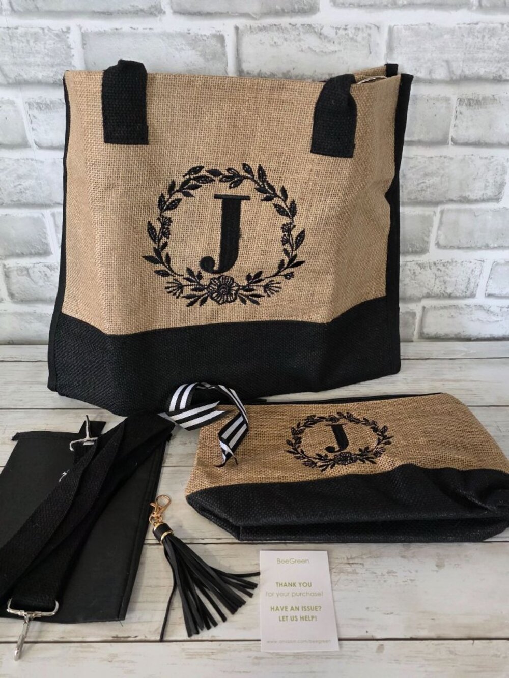 BeeGreen Jute Tote Set Monogram Initial "J" NEW Zipper Bags Keychain